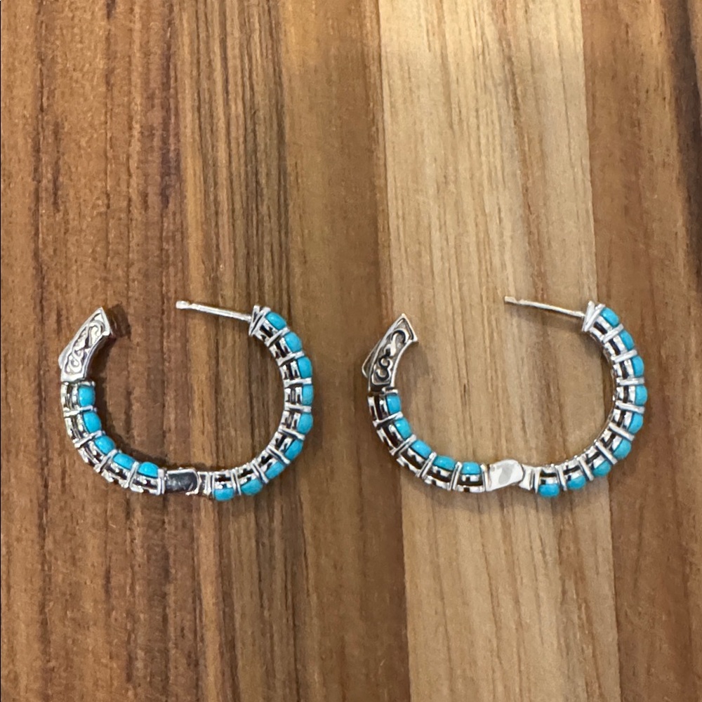 Blue Turquoise and 925 stamped Silver Hoop Earrings - Picture 3 of 6